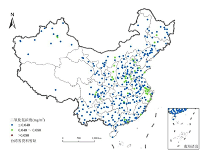 中國大陸地級以上城市NO2年平均濃度分布