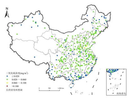 中國大陸地級以上城市SO2年平均濃度分布