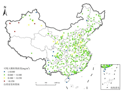 中國大陸地級以上城市PM10年平均濃度分布